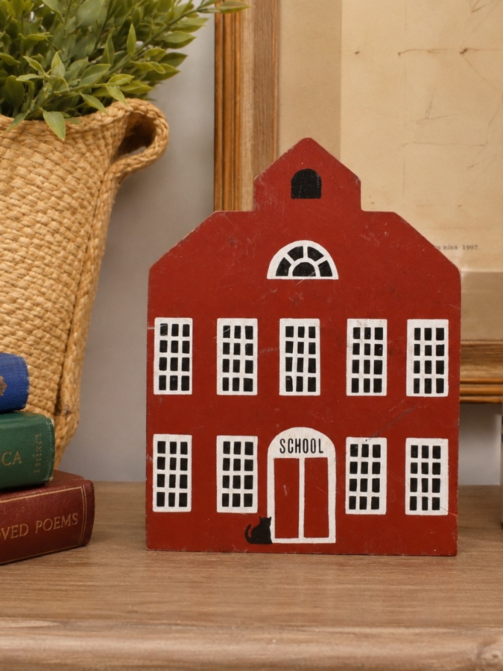 Vintage 1983 The Cat's Meow School Wooden Shelf Sitter Red Building Signed